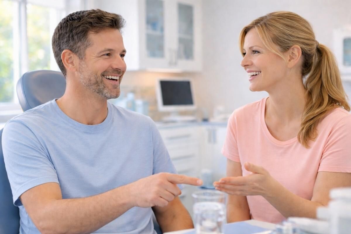 Smiling couple speaking with a dentist during a comfortable dental consultation appointment